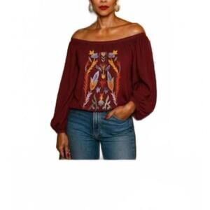 Solitaire Women's Burgandy Embroidered Off-Shoulder Puff Sleeve Top Size Small